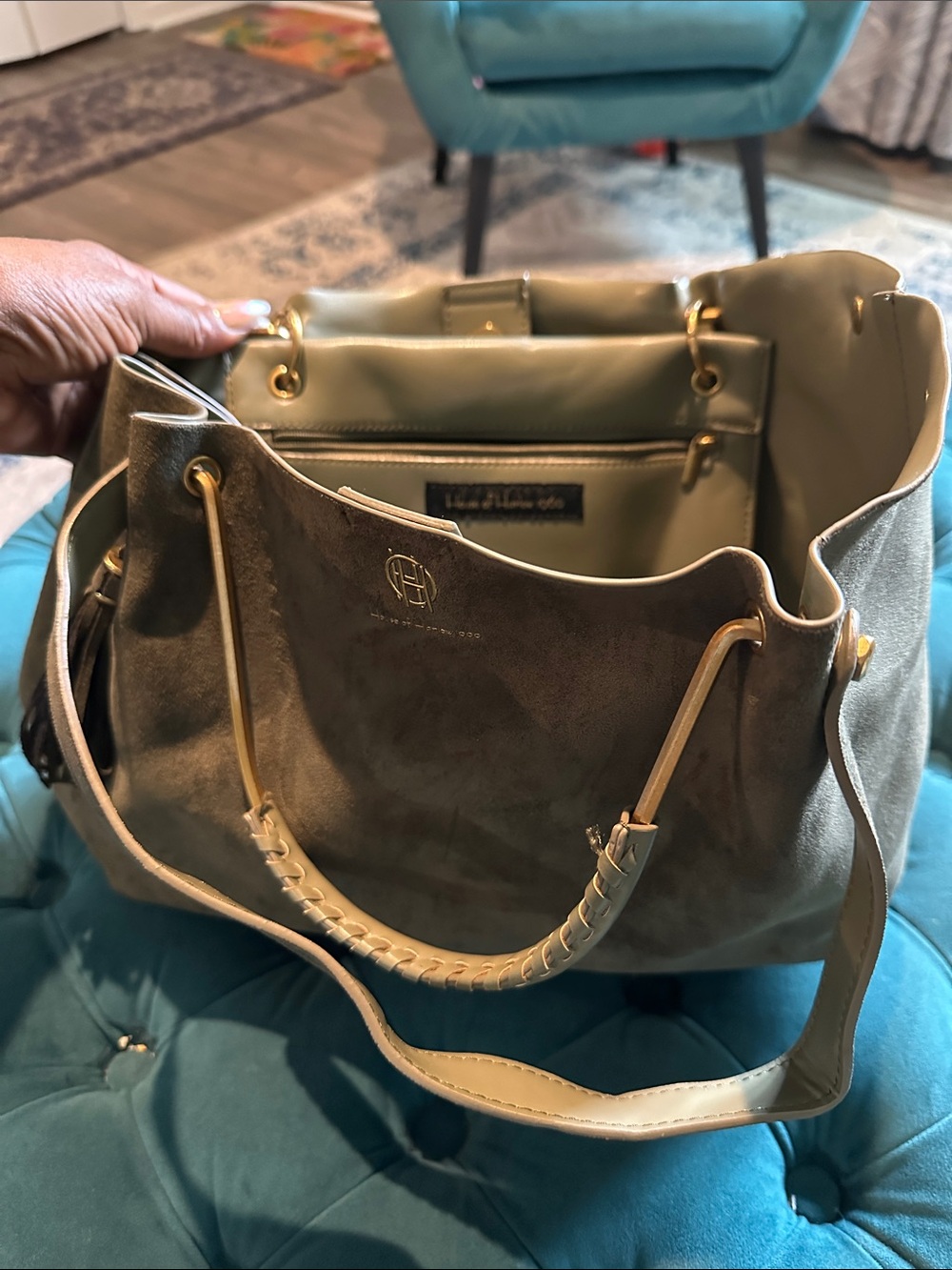 House of Harlow 1960 Olive Green Suede Shoulder Bag with Gold Hardware